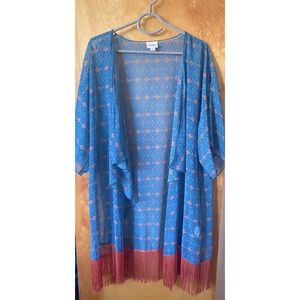 Cornflower blue/Deep coral LulaRoe Monroe kimono.  Size L